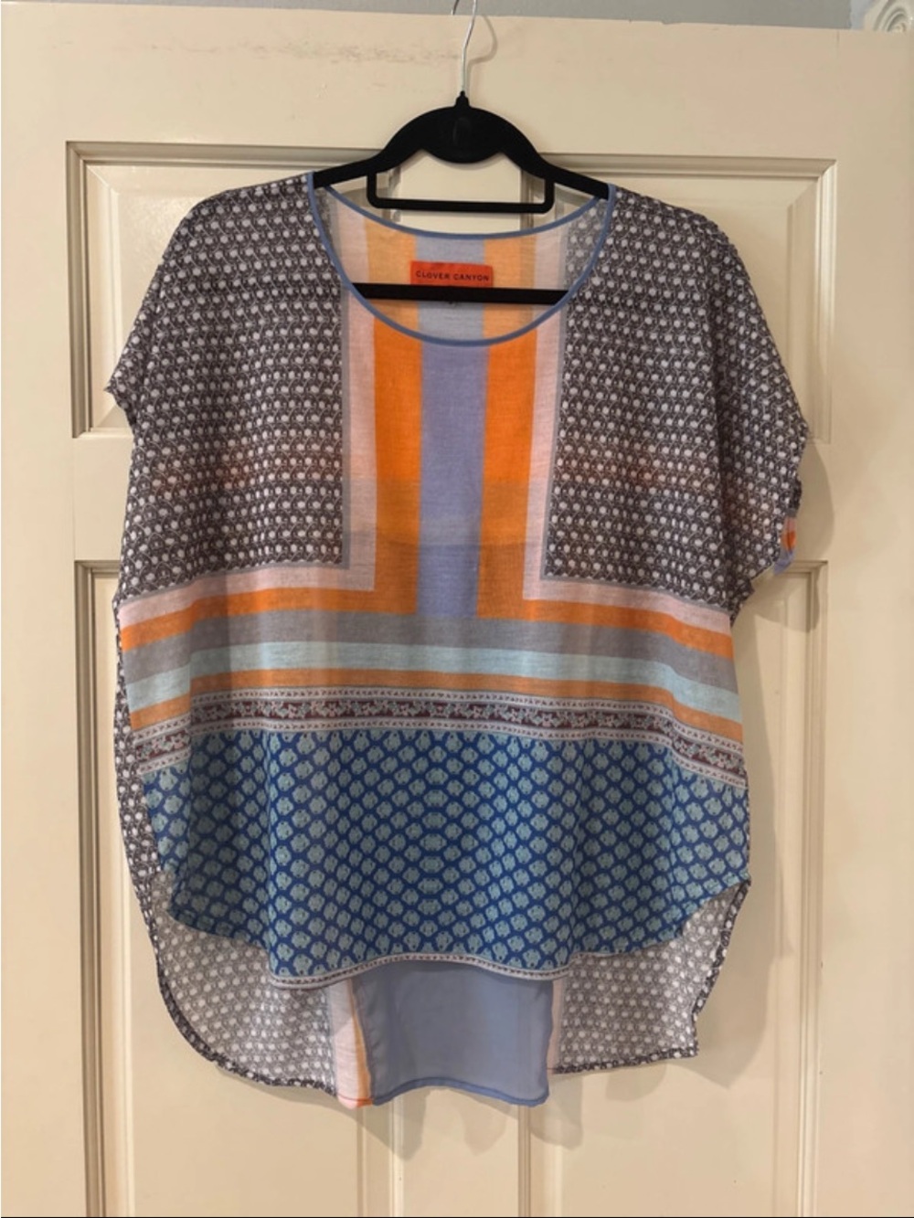 Clover Canyon Blue, Orange & Cream Mixed-Print Short Sleeve Top